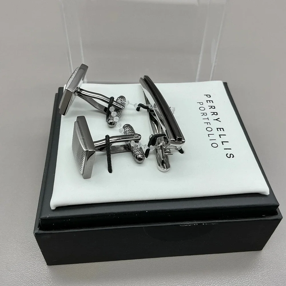 Perry Ellis Cufflinks Tie Bar Set Silver Tone Striped Formal Gift Box